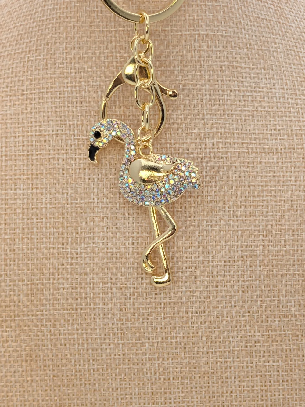 Gold Tone Iridescent Rhinestones Flamingo Keychain Bag Charm